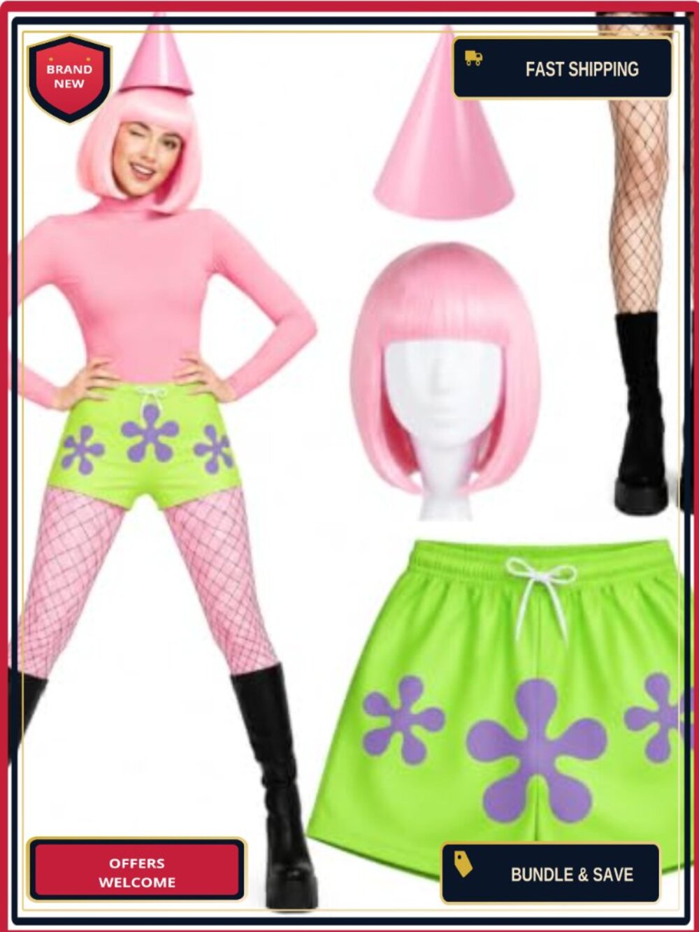 4 Pc Starfish Costume Set Hat Wig Shorts Fishnet Stockings Cosplay Halloween